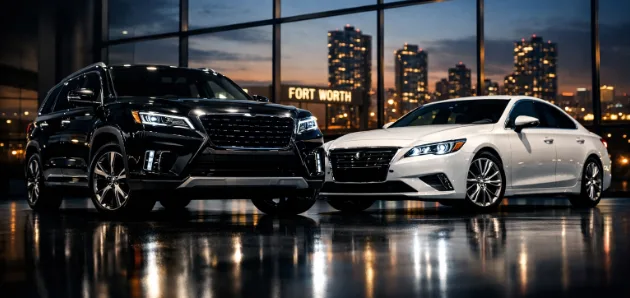 Two premium vehicles in front of the Fort Worth skyline at dusk