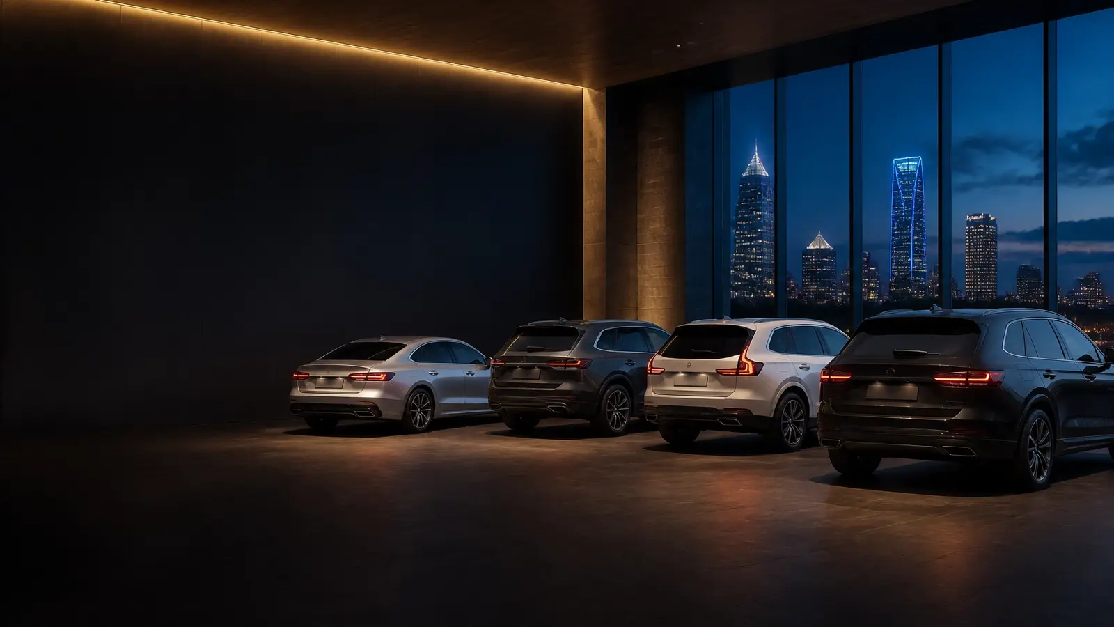 Four badge-free premium vehicles in a Fort Worth showroom at blue hour